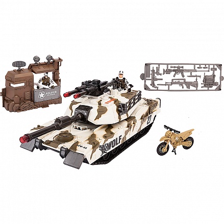 Игровой набор: Тундровый патрульный танк, с фигурками, мотоциклом и оружием, свет и звук 